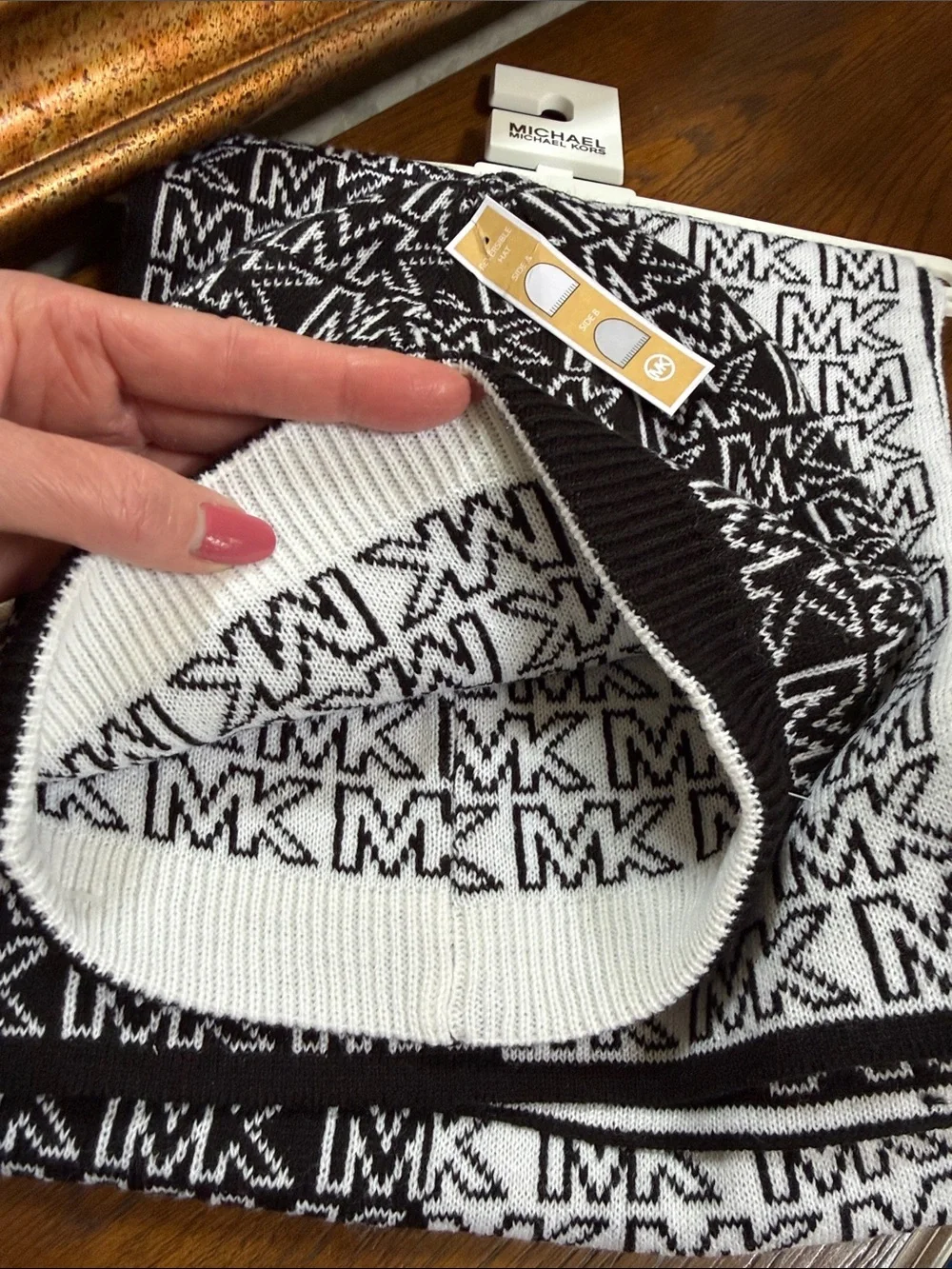 Michael Kors Black & White MK Logo Knit Reversible Beanie and Scarf Set.